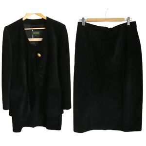 Vintage 80s Black Suede Leather Blazer & Knee Length Skirt 2 Piece Skirt Suit M
